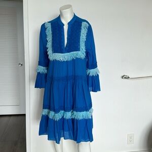 Tensione Italian Cotton tiered dress blue, size S, 3/4 long sleeve